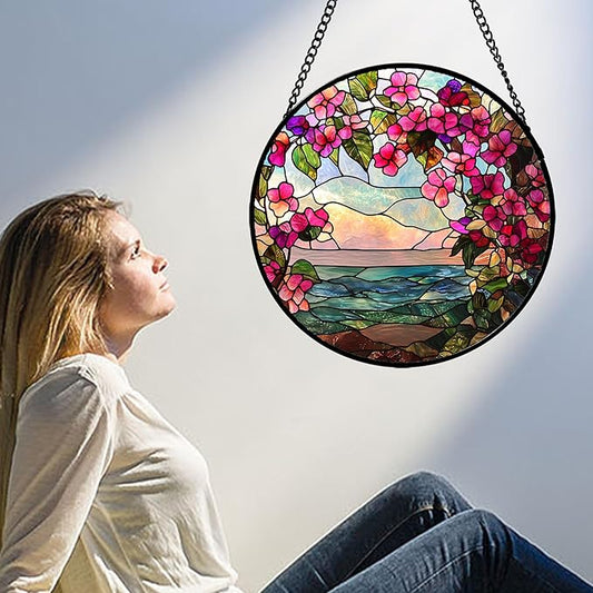 Stained Glass Window Hanging, Purple Flower Landscape Wreath Sun Catcher for Door Home Decor Plants Flowers Suncatcher Christmas Mother's Day Birthday Gifts for Women Men Mom Nana 6.3 in