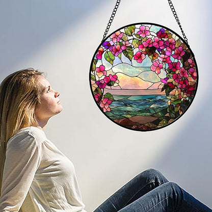 Stained Glass Window Hanging, Purple Flower Landscape Wreath Sun Catcher for Door Home Decor Plants Suncatcher Christmas Mother's Day Birthday Gifts for Women Men Mom Nana 9.8 in