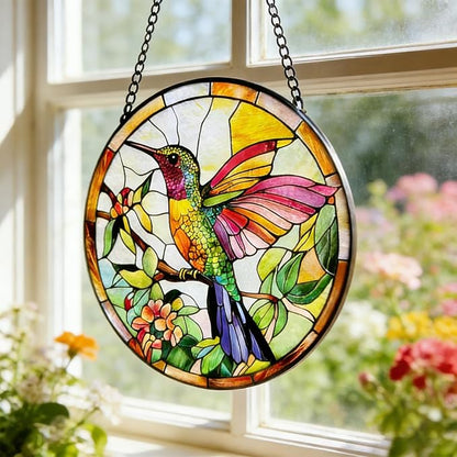 Stained Glass Hummingbird Suncatcher, Colorful Bird Suncatcher Glass Panel for Window Hanging, Unique Gift for Bird Lovers, Women, Mom, Grandma, 7.8 Inch