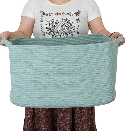 Large Rectangle Blankets Basket Living Room 22"x17"x12" Woven Cotton Rope Storage Baskets for Nursery Toy Baskets for Kids and Dogs Wicker Laundry Basket Bin for Clothes Towels green