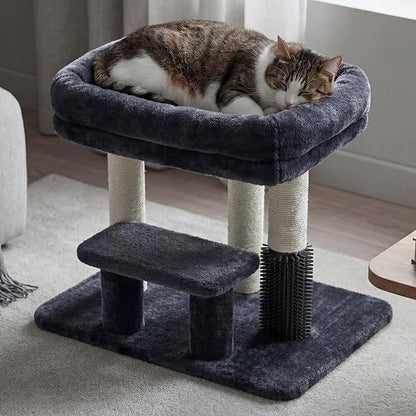 Heybly Cat Scratching Post, Small Cat Tree Tower with 3 Full Sisal Posts, Removable Plush Bed, Grooming Brush, Stable & Space-Saving Cat Furniture with Gentle Step for Indoor Cats, Smoky Gray HSP001SG