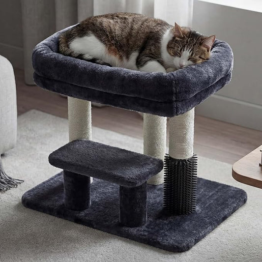 Heybly Cat Scratching Post, Small Cat Tree Tower with 3 Full Sisal Posts, Removable Plush Bed, Grooming Brush, Stable & Space-Saving Cat Furniture with Gentle Step for Indoor Cats, Smoky Gray HSP001SG
