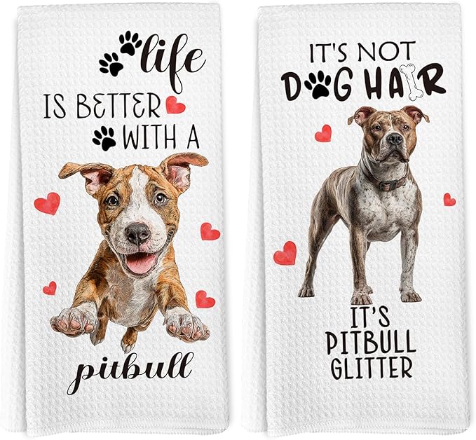 Pitbull Gifts Kitchen Towels Set of 2, Funny Dog Hand Towels for Kitchen Bathroom Decor, Dog for Pitbull Dogs Lovers Owners Women Men Dishcloths Dish Towel 16X24 Inches