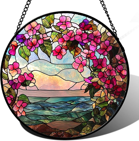 Stained Glass Window Hanging, Purple Flower Landscape Wreath Sun Catcher for Door Home Decor Plants Flowers Suncatcher Christmas Mother's Day Birthday Gifts for Women Men Mom Nana 6.3 in