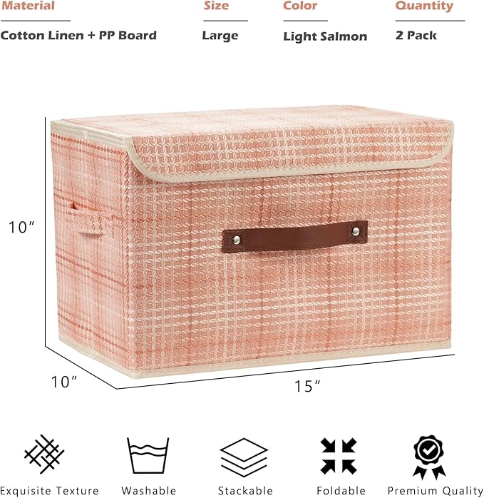 2PCS Storage Boxes with Lid 3D Textured Fabric Storage Bins Closet Organizer Containers Decorative Collapsible Washable Shelf Baskets with Faux Leather Handles (Light Salmon, Large Size)