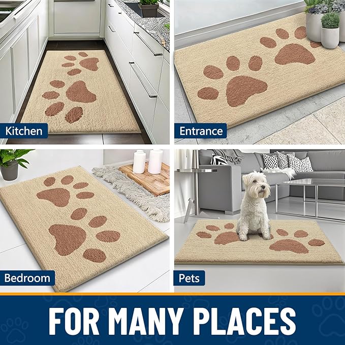 Smiry Dog Door Mat for Muddy Paws, Absorbs Moisture and Dirt, Low-Profile Entryway Mat with Non-Slip Backing, Entry Indoor Outdoor Doormat for Inside Floor (47x24 Inches, Light Beige, Paw)