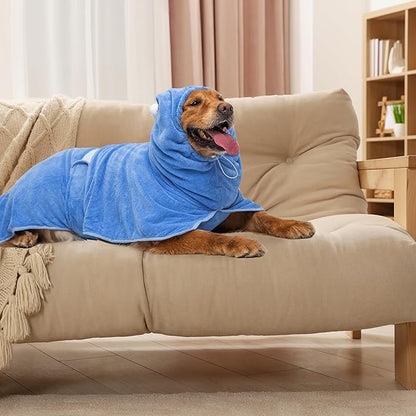 Dog Bath Towel Robe - Quick Drying Absorbent Hooded Pet Bathrobe Towel for Bath Grooming Beach Trip Pool - Soft Cozy Adjustable Drying Coat Hoodie for Medium Large Dogs