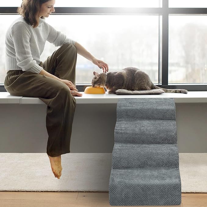 Dog Stairs for Small Dogs - High Density Foam Dog Ramp, Extra Wide Pet Steps with Non-Slip Bottom for High Beds, Couche and Sofa, Best for Pet Injured, Older Dogs Cats (Grey, 4 Steps)