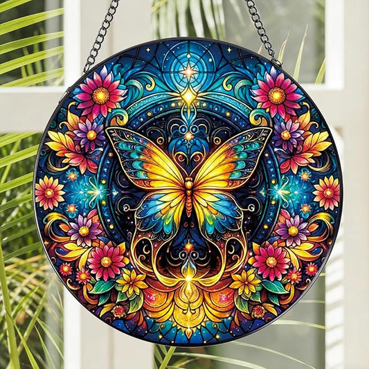 Stained Glass Window Hanging, 7.8″ Butterfly Flower Sun Catchers with Hook Indoor Window Decor, Decorative Suncatchers Hanging Ornaments Home Garden Art Gift for Housewarming