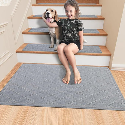 Non Slip Stair Treads Landing Rug for Wooden Steps Indoor, 20"X32" Landing Slip Resistant Stair Rugs for Kids and Dogs, Polyester Stair Landing Mat,Grey