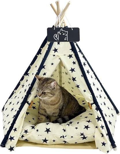 Pet Tent/Tipi for Cats & Dogs - Washable Canvas, Foldable Pet Teepee with Anti-Slip Base & Detachable Cushion | Indoor/Outdoor Safe Shelter for Pets-Beige-L