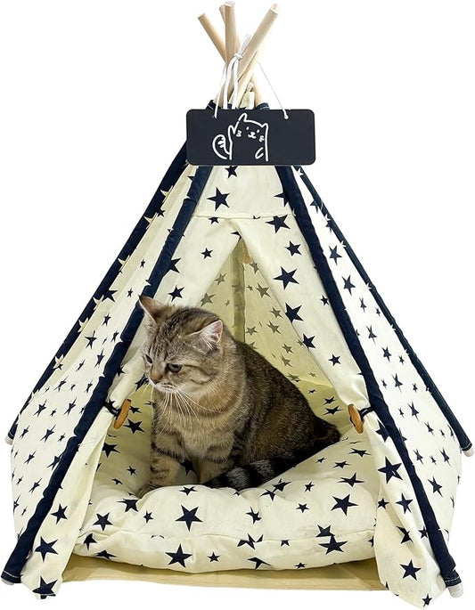 Pet Tent/Tipi for Cats & Dogs - Washable Canvas, Foldable Pet Teepee with Anti-Slip Base & Detachable Cushion | Indoor/Outdoor Safe Shelter for Pets-Beige-L