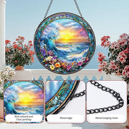 Stained Glass Window Hanging, 7.8″ Clouds and Sea Waves Sun Catchers with Hook Indoor Window Decor, Decorative Suncatchers Hanging Ornaments Home Garden Art Gift for Housewarming