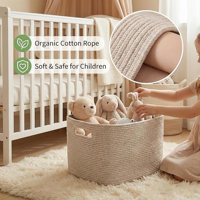 Woven Blanket Basket,65L Large Storage Bin for Blankets Toys Clothes,Decorative Rope Basket for Living Room Bedroom with Handles, Oatmeal