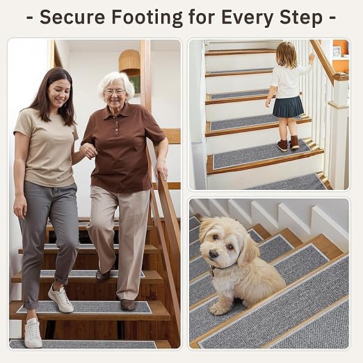 Non-Slip Stair Treads Runners - 30''x30'' Stair Runner for Wooden Steps Washable Self Adhesive Stair Landing Rug Stain Resistant Carpet Edging Staircase Mats for Kids and Dogs Grey