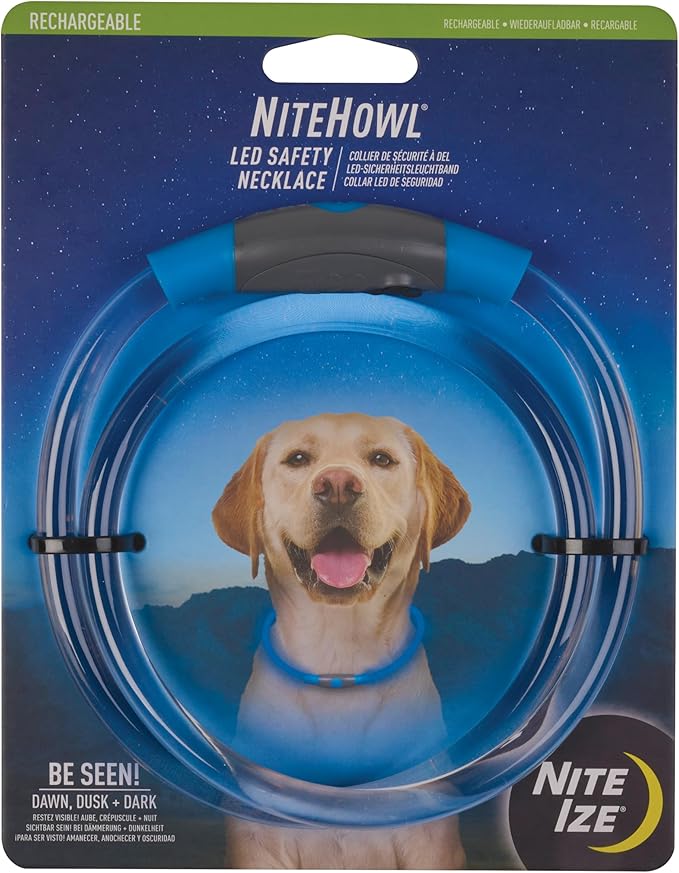 Nite Ize NiteHowl Rechargeable LED Safety Necklace - Dog Light for Dog-Walking Gear - Weather-Resistant Design - 5 Hours Runtime - Cut to Fit from 12” to 27” - Blue