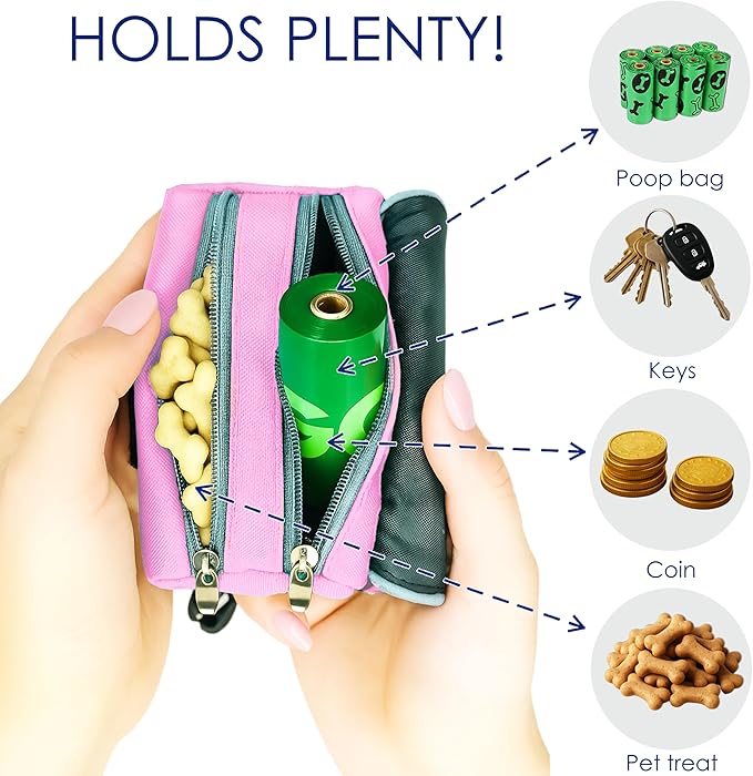 Dog Treat and Poop Bag Holder for Leash, 2 Waterproof Zipper Pouches for Pet Walking Accessories, with Dispenser, Training Clicker and 1 Free Roll (Pink)