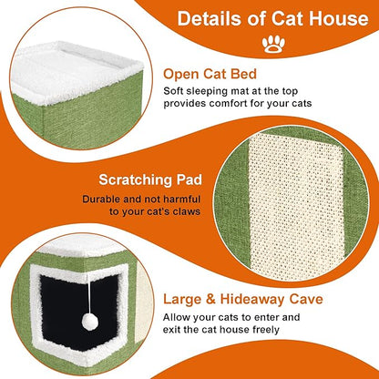 Loyareal Cat Houses for Indoor Cats - Large Cat Bed Cave with Scratch Pad and Fluffy Ball, Foldable Cat Condo Hideaway with Reversible Cushion for Multi Small Pet, Green