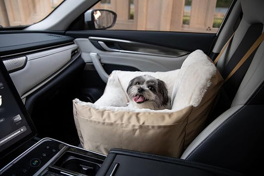 Best Pet Supplies Elevated Dog Car Seat for Small Dogs, Booster Seat with Safety Tether & Storage, Washable Travel Pet Seat for Front or Back Seat, Up to 25 lbs - Brown - 21 x 20 x 14