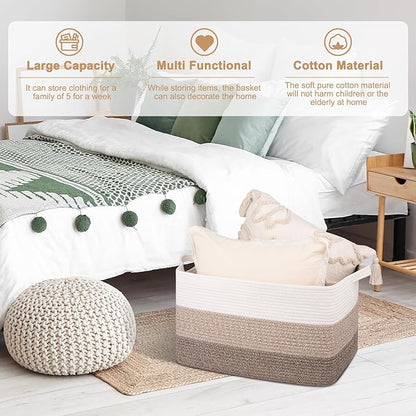 OIAHOMY Large Storage Basket, Cotton Rope Woven Blanket Basket, Toy Bin for Baby Room, Container for Blanket Storage in Living Room, 20''×16''×12'', Gradient Brown