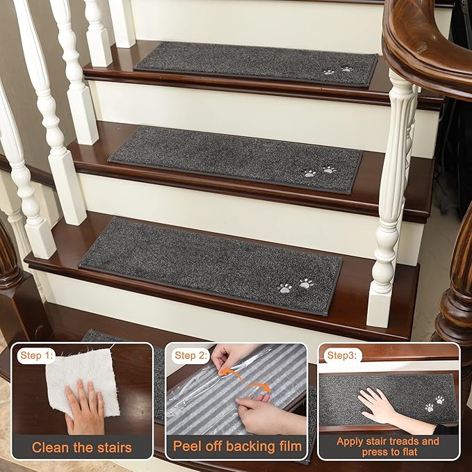 BEQHAUSE Stair Treads for Wooden Steps 28inX9in, Non Slip Carpet Stair Treads Indoor Stair Runners Machine Washable, Soft Stair Rugs Mat Surface Polyester TPE Backing, 4pcs, Charcoal