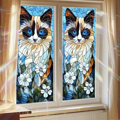 Privacy Window Film Cat Design Decorative Window Cling Stained Glass Style Static Cling Glass Sticker for Cabinet Bathroom Kitchen Door Panel 17.7 x 39.3 Inch