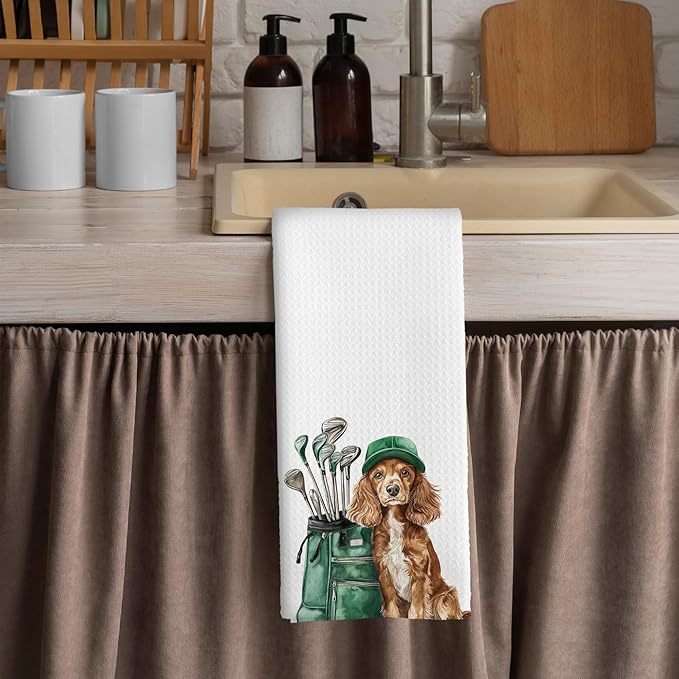 Golf Dog Kitchen Towels - Cocker Spaniel Dish Towels, Sports Gifts, Pet Golf Club Decorative Absorbent Dishcloths Hand Towels for Kitchen Gym Spa Decor 16x24 Inches