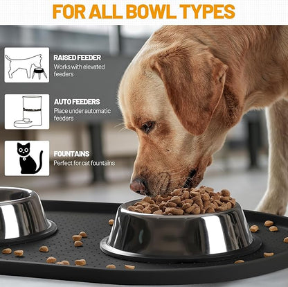 Hubulk 100% Waterproof Silicone Pet Feeding Mat with Raised Edge for Food and Water, Dog Bowl Mats, Cat Bowls Placemat with High Lip Protects Floor for Cats and Dogs (Black, 32" L x 24" W)