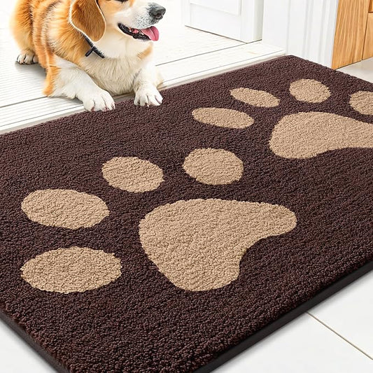 Smiry Dog Door Mat for Muddy Paws, Absorbs Moisture and Dirt, Low-Profile Entryway Mat with Non-Slip Backing, Entry Indoor Outdoor Doormat for Inside Floor (36x24 Inches, Brown, Paw)