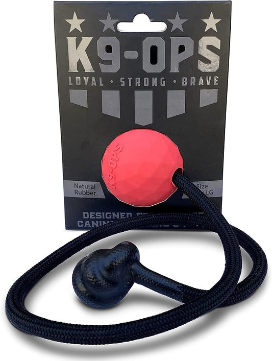 K9 Ops Dog Ball on a Rope Moki Tug Toy - Solid Rubber Fetch Training Reward - Large Dogs Tugs Durable Aggressive Chewers (Ruby Red, MD/LG)