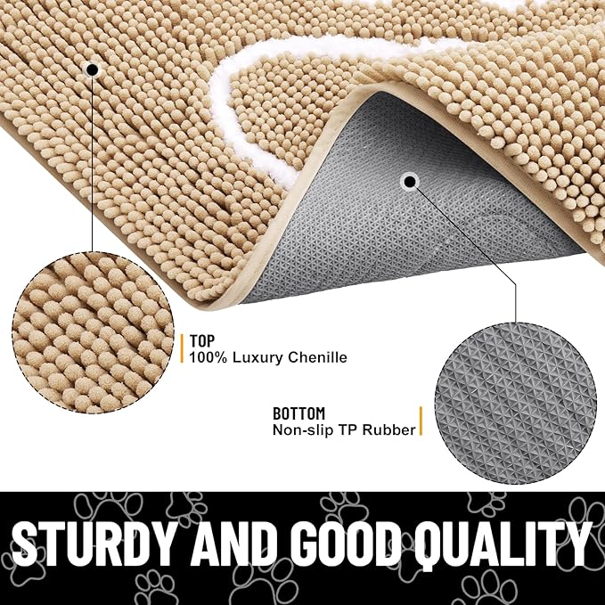 Smiry 2 Piece Dog Door Mat for Muddy Paws, Absorbent Dirt Trapper Non Slip Quick Dry Washable Chenille Mat for Mud Dogs, Entry Rug for Indoor and Outdoor (36x24 Inches, Beige)