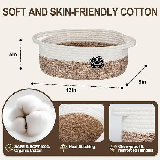 Small Dog Toy Basket, Soft Cotton Rope Dog Cat Toy Bin, Woven Storage Basket for Living Room Nursery, Cats Pet Gift Basket Empty, Decorative Wicker Storage Box with Handle, 13"x 9"x 5"