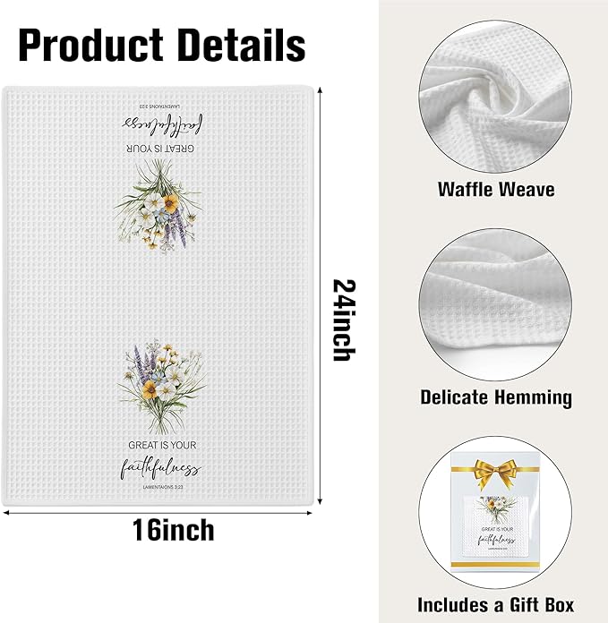 Christian Kitchen Towel, Waffle Weave Microfiber Scripture Hand Towel, Great is Your Faithfulness Bible Verse Farmhouse Decor for Kitchen Bathroom, Inspirational Gift for Women