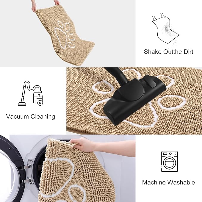 Smiry 2 Piece Dog Door Mat for Muddy Paws, Absorbent Dirt Trapper Non Slip Quick Dry Washable Chenille Mat for Mud Dogs, Entry Rug for Indoor and Outdoor (36x24 Inches, Beige)