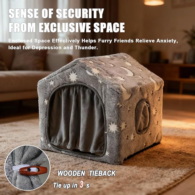 Indoor Dog House, Night-Luminous Star Dog Tent with Frame, Washable Dog Cave Bed, Suitable for 18-40 lb Small and Medium Dog