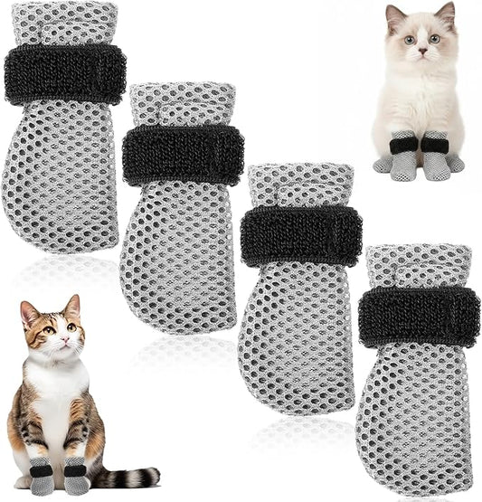 Qianyu 4 Pcs Cat Boots Anti Scratch Mittens Gloves Mesh Cat Claw Protectors Foot Covers Adjustable Breathable Kitten Shoes to Prevent Scratching for Pet Bathing Feeding Cutting Nails Trimming