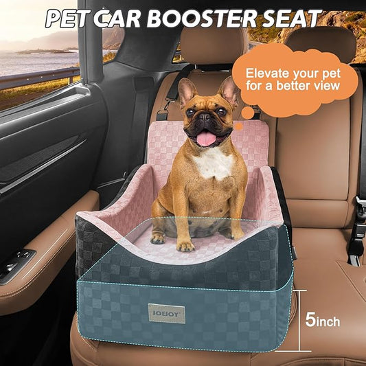 JOEJOY Elevated Dog Car Seat for Small/Medium Dogs up to 35 lbs, Memory Foam Booster Seat with Detachable Washable Cover, Travel-Safe Car Bed with Safety Belts & Storage Pockets, Pink