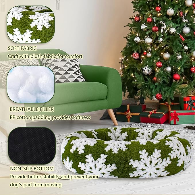39 Inch Christmas Snowflakes Calming Dog Bed for Large Dogs, Round Anti-Anxiety Warm Bed, Soft Cozy Anti-Slip Donut Washable Pet Bed, Fits up to 100 lbs Pets