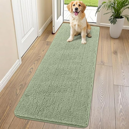 Smiry Dog Door Mat for Muddy Paws 70x24, Absorbs Moisture and Dirt Doormat, Non-Slip Washable Quick Dry Chenille Front Door Mat Indoor Entrance, Entryway Carpet for Inside Floor, Sage Green