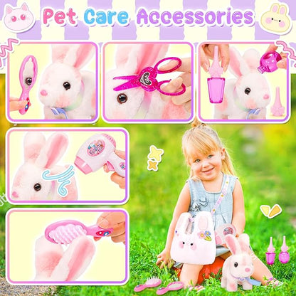 Easter Hopping Bunny Toy for Kids with Crossbody Bags, Interactive Wiggle Ears Rabbit Toy for Girls Trip Pretend Play Robot Pet Care Cute Stuff Plushies Birthday Gifts Easter Basket Stuffers