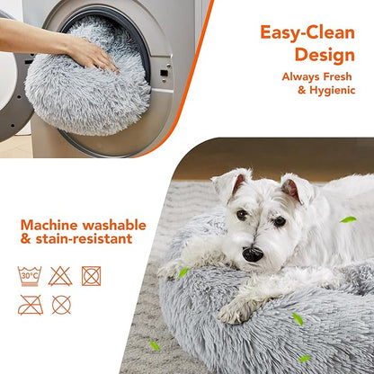 Deconovo Calming Donut Dog Bed, Washable Plush Round Pet Bed for Small Dogs & Cats with Raised Rim, Non-Slip Base and Soft Faux Fur—Lightweight, Easy-Care Design Light Grey 21" L x 21" W x 8" Th