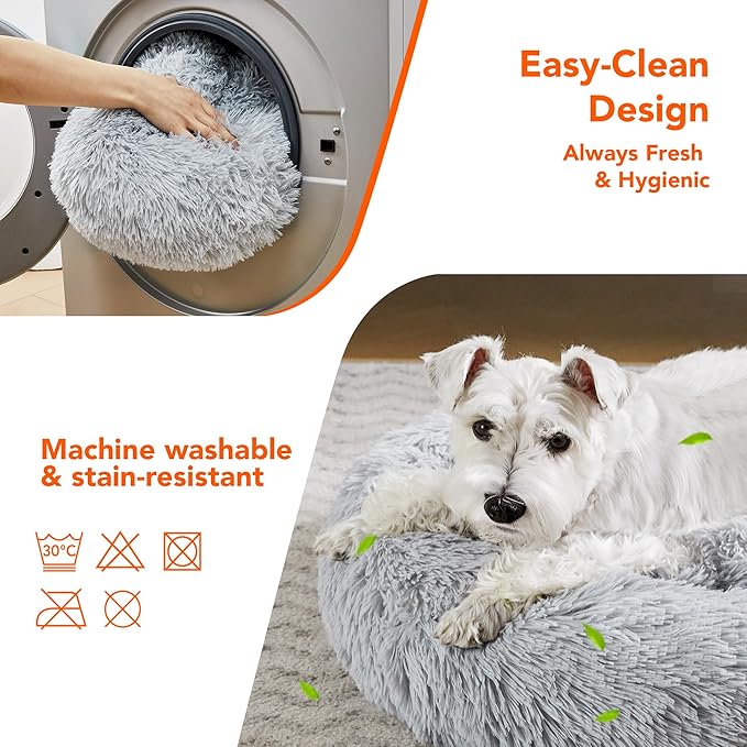Deconovo Calming Donut Dog Bed, Washable Plush Round Pet Bed for Small Dogs & Cats with Raised Rim, Non-Slip Base and Soft Faux Fur—Lightweight, Easy-Care Design Light Grey 25" L x 25" W x 8" Th