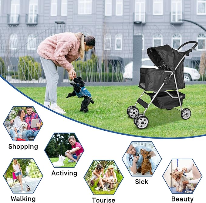 Best 4 Wheels Pet Stroller for Dog & Cat, Lightweight and Foldable Dog Jogger Stroller W/Cup Holders for Small & Medium Pets - Black