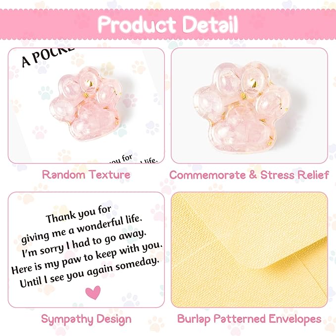 Loss of Pet Sympathy Gift - Pink Crystal Mini Paw Pocket Hug with Memorial Card Envelope Remembrance Bereavement Gift for Loss of Dog Cat Sympathy Favor Adult Pet Lover Stress Relief Supply