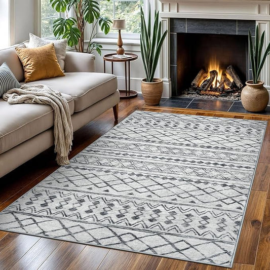 KUTA Bedroom Boho Rug 4x6 Grey, Moroccan Washable Area Rugs Non Slip, Ultra Soft Print Distressed Geometric Low-Pile Entry Throw Carpet for Bedroom Nursery Dorm Kitchen Decor