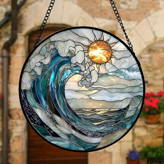 Stained Glass Window Hanging, Blue Night Moon Lake Sun Catchers Colorful Glass Panel Landscape Suncatcher Decor for Birthday for Women, Men, Wife, Aunt, and Mom 11.8x11.8 in