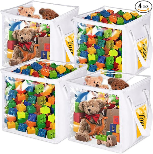 4 Pack Clear Toy Storage Bins with Lids - 12" x 12" Storage Cube Bins, Foldable PVC Boxes with Handles, Storage Organizers for Toys, Clothes, Blocks, Stuffed Animal Storage(White)