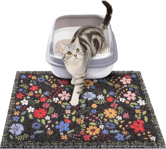 Cat Litter Mat, 20x15 in Litters Box Mat Waterproof Non-Slip Easy to Clean Washable Trapping Mat for Kitty(Black Leaves)