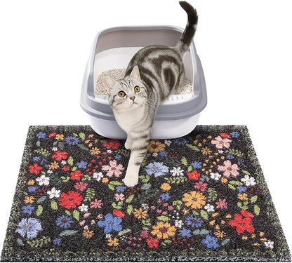 Cat Litter Mat, 20x15 in Litters Box Mat Waterproof Non-Slip Easy to Clean Washable Trapping Mat for Kitty(Black Leaves)