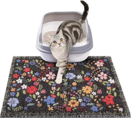 Cat Litter Mat, 20x15 in Litters Box Mat Waterproof Non-Slip Easy to Clean Washable Trapping Mat for Kitty(Black Leaves)